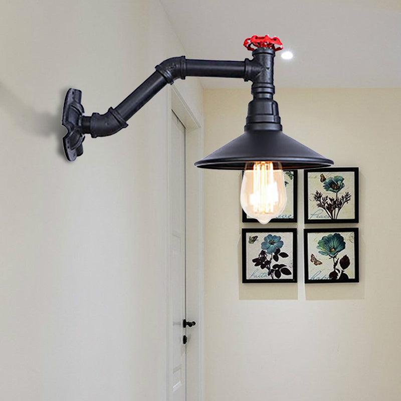 1 Head Pipe Wall Light with Cone Shade and Valve Vintage Industrial Black Metal Wall Lamp Sconce Clearhalo 'Art deco wall lights' 'Cast Iron' 'Glass' 'Industrial wall lights' 'Industrial' 'Middle century wall lights' 'Modern' 'Rustic wall lights' 'Tiffany' 'Traditional wall lights' 'Wall Lamps & Sconces' 'Wall Lights' Lighting' 145928