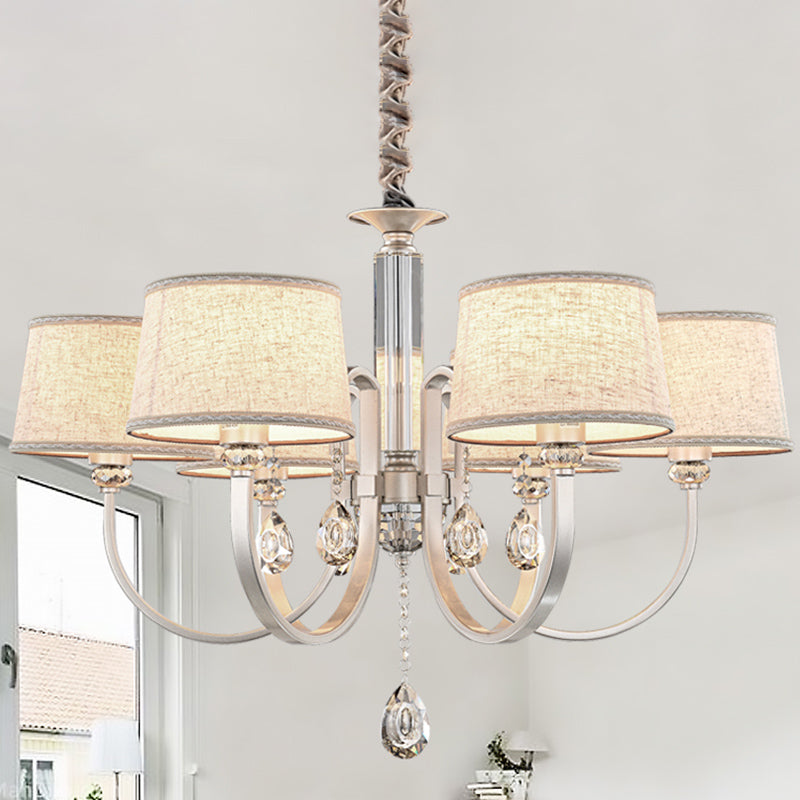 Nickel Swoop Arm Hanging Chandelier Modern 3/6 Lights Metal Drop Lamp with Flaxen Fabric Shade and K9 Crystal Decor 6 Flaxen Clearhalo 'Ceiling Lights' 'Chandeliers' 'Modern Chandeliers' 'Modern' Lighting' 1459306