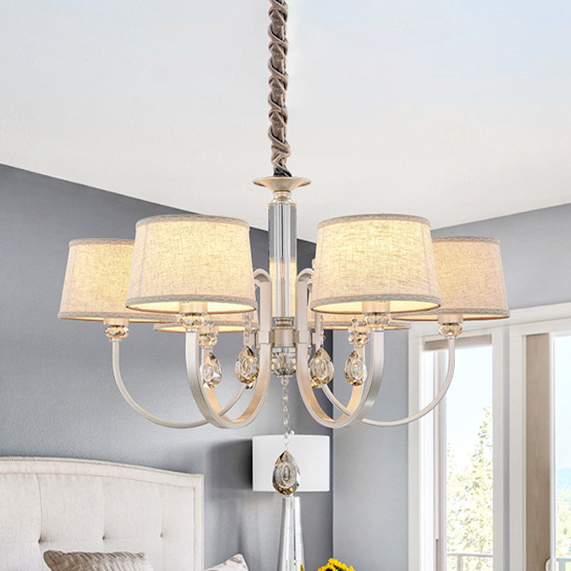 Nickel Swoop Arm Hanging Chandelier Modern 3/6 Lights Metal Drop Lamp with Flaxen Fabric Shade and K9 Crystal Decor Clearhalo 'Ceiling Lights' 'Chandeliers' 'Modern Chandeliers' 'Modern' Lighting' 1459307