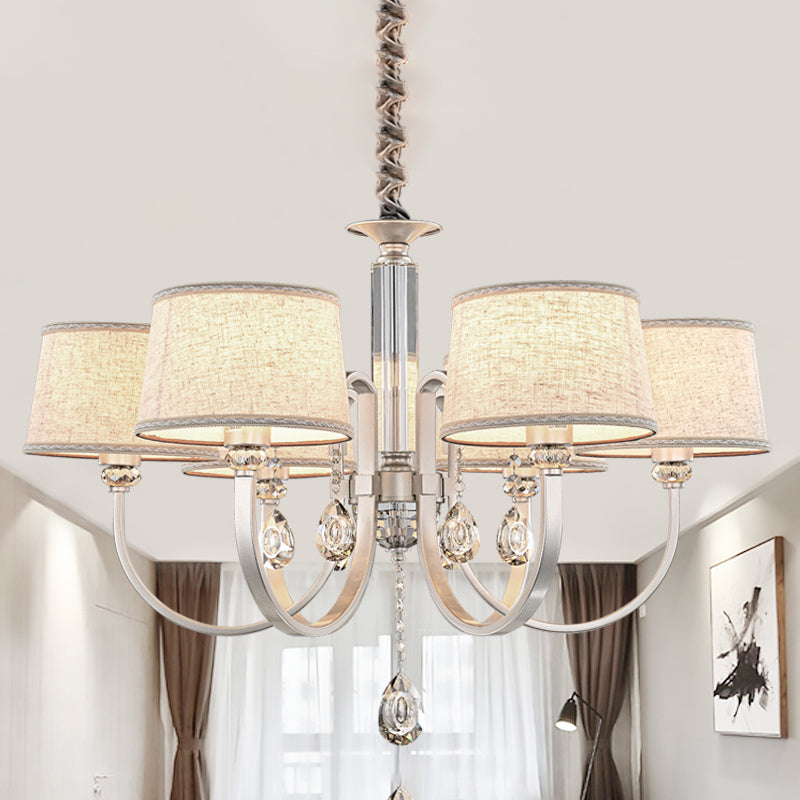 Nickel Swoop Arm Hanging Chandelier Modern 3/6 Lights Metal Drop Lamp with Flaxen Fabric Shade and K9 Crystal Decor Clearhalo 'Ceiling Lights' 'Chandeliers' 'Modern Chandeliers' 'Modern' Lighting' 1459308