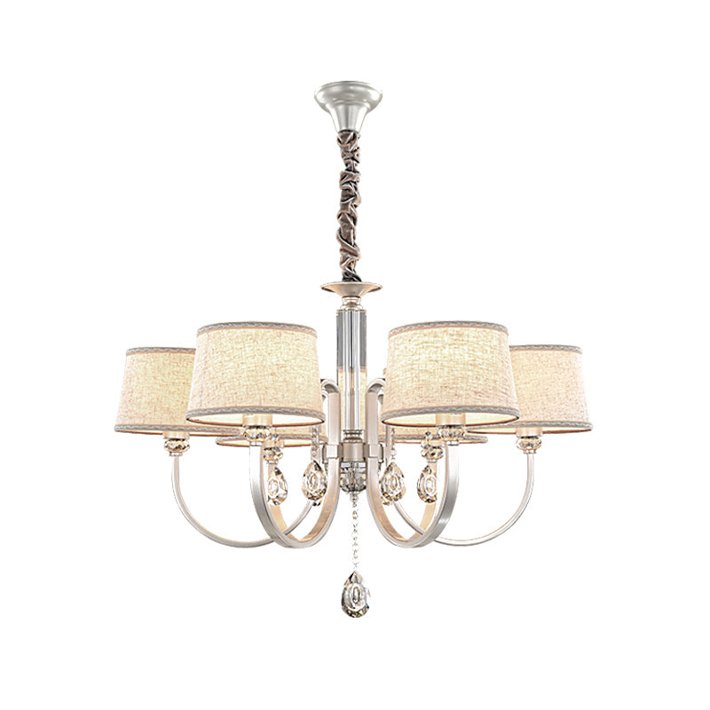 Nickel Swoop Arm Hanging Chandelier Modern 3/6 Lights Metal Drop Lamp with Flaxen Fabric Shade and K9 Crystal Decor Clearhalo 'Ceiling Lights' 'Chandeliers' 'Modern Chandeliers' 'Modern' Lighting' 1459309