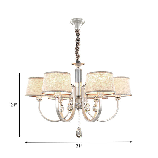 Nickel Swoop Arm Hanging Chandelier Modern 3/6 Lights Metal Drop Lamp with Flaxen Fabric Shade and K9 Crystal Decor Clearhalo 'Ceiling Lights' 'Chandeliers' 'Modern Chandeliers' 'Modern' Lighting' 1459310