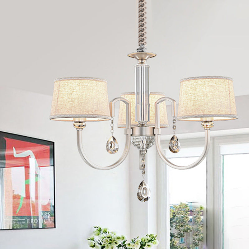 Nickel Swoop Arm Hanging Chandelier Modern 3/6 Lights Metal Drop Lamp with Flaxen Fabric Shade and K9 Crystal Decor 3 Flaxen Clearhalo 'Ceiling Lights' 'Chandeliers' 'Modern Chandeliers' 'Modern' Lighting' 1459311