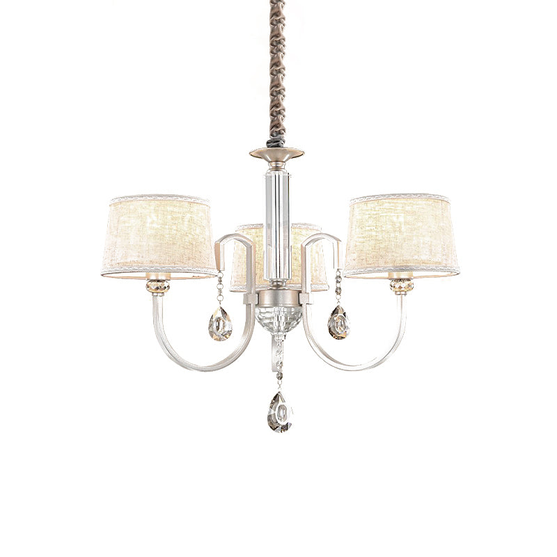 Nickel Swoop Arm Hanging Chandelier Modern 3/6 Lights Metal Drop Lamp with Flaxen Fabric Shade and K9 Crystal Decor Clearhalo 'Ceiling Lights' 'Chandeliers' 'Modern Chandeliers' 'Modern' Lighting' 1459312