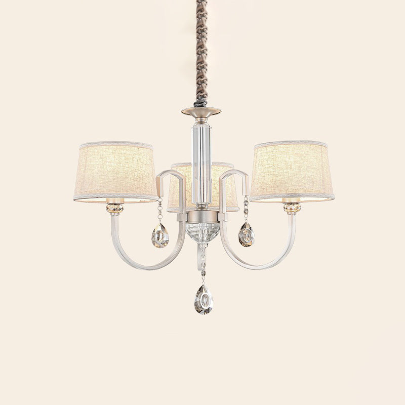 Nickel Swoop Arm Hanging Chandelier Modern 3/6 Lights Metal Drop Lamp with Flaxen Fabric Shade and K9 Crystal Decor Clearhalo 'Ceiling Lights' 'Chandeliers' 'Modern Chandeliers' 'Modern' Lighting' 1459313