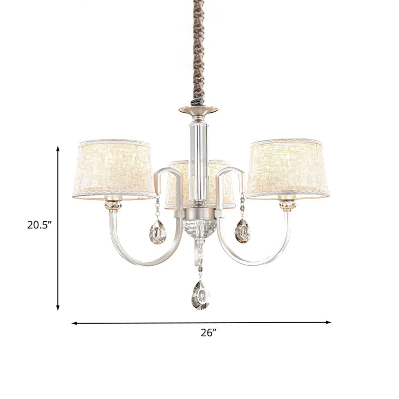 Nickel Swoop Arm Hanging Chandelier Modern 3/6 Lights Metal Drop Lamp with Flaxen Fabric Shade and K9 Crystal Decor Clearhalo 'Ceiling Lights' 'Chandeliers' 'Modern Chandeliers' 'Modern' Lighting' 1459314