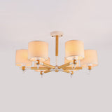 6 Heads Living Room Semi Flush Chandelier Nordic Wooden Ceiling Mount Light with Cylinder Fabric Shade Clearhalo 'Ceiling Lights' 'Close To Ceiling Lights' 'Close to ceiling' 'Semi-flushmount' Lighting' 1459323