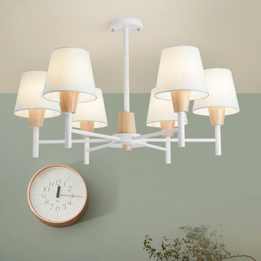 Nordic 6 Lights Semi Flush White-Wood Tapered Ceiling Mount Chandelier with Fabric Lampshade White Clearhalo 'Ceiling Lights' 'Close To Ceiling Lights' 'Close to ceiling' 'Semi-flushmount' Lighting' 1459325