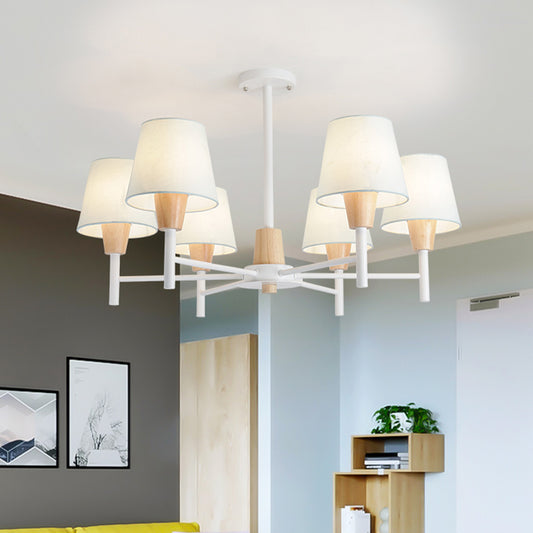 Nordic 6 Lights Semi Flush White-Wood Tapered Ceiling Mount Chandelier with Fabric Lampshade Clearhalo 'Ceiling Lights' 'Close To Ceiling Lights' 'Close to ceiling' 'Semi-flushmount' Lighting' 1459326
