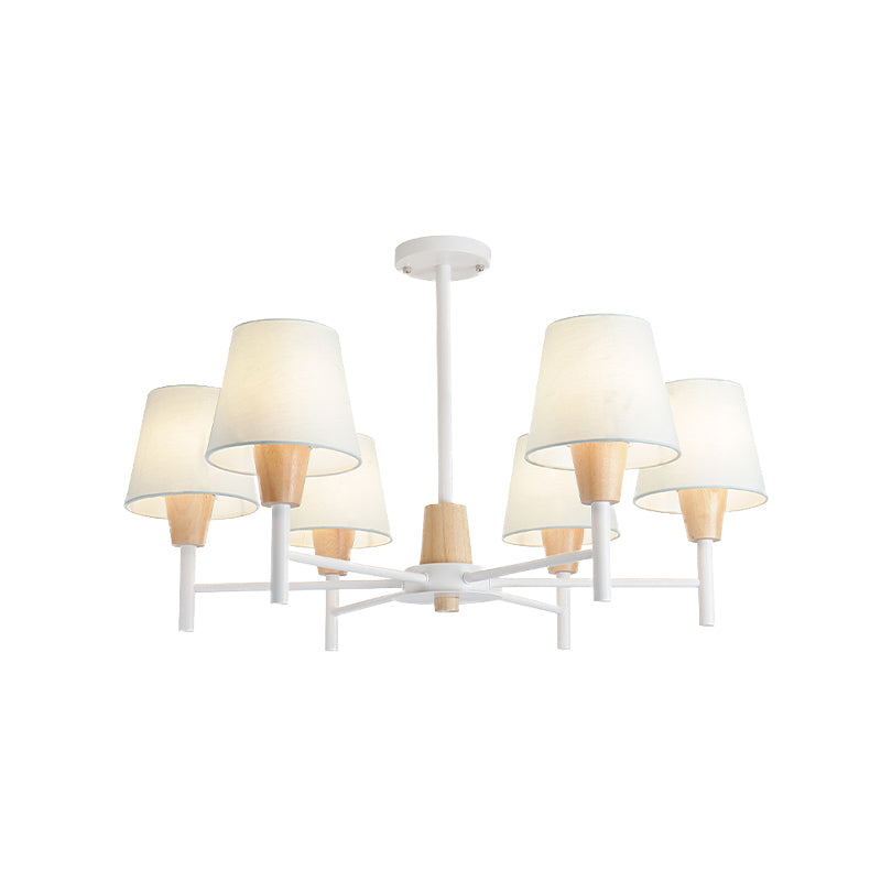 Nordic 6 Lights Semi Flush White-Wood Tapered Ceiling Mount Chandelier with Fabric Lampshade Clearhalo 'Ceiling Lights' 'Close To Ceiling Lights' 'Close to ceiling' 'Semi-flushmount' Lighting' 1459327