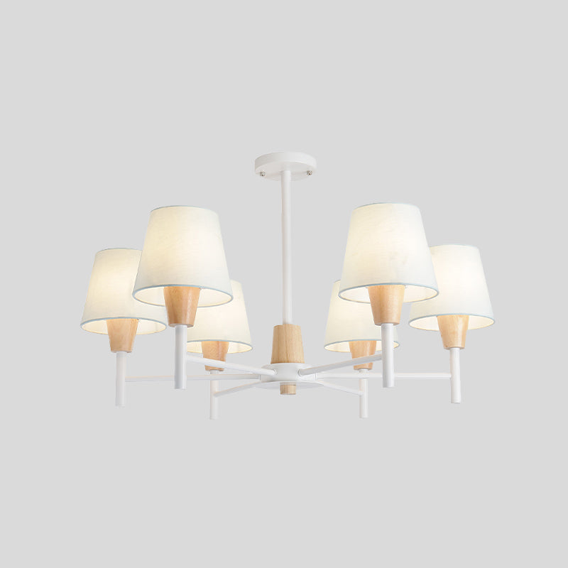 Nordic 6 Lights Semi Flush White-Wood Tapered Ceiling Mount Chandelier with Fabric Lampshade Clearhalo 'Ceiling Lights' 'Close To Ceiling Lights' 'Close to ceiling' 'Semi-flushmount' Lighting' 1459328