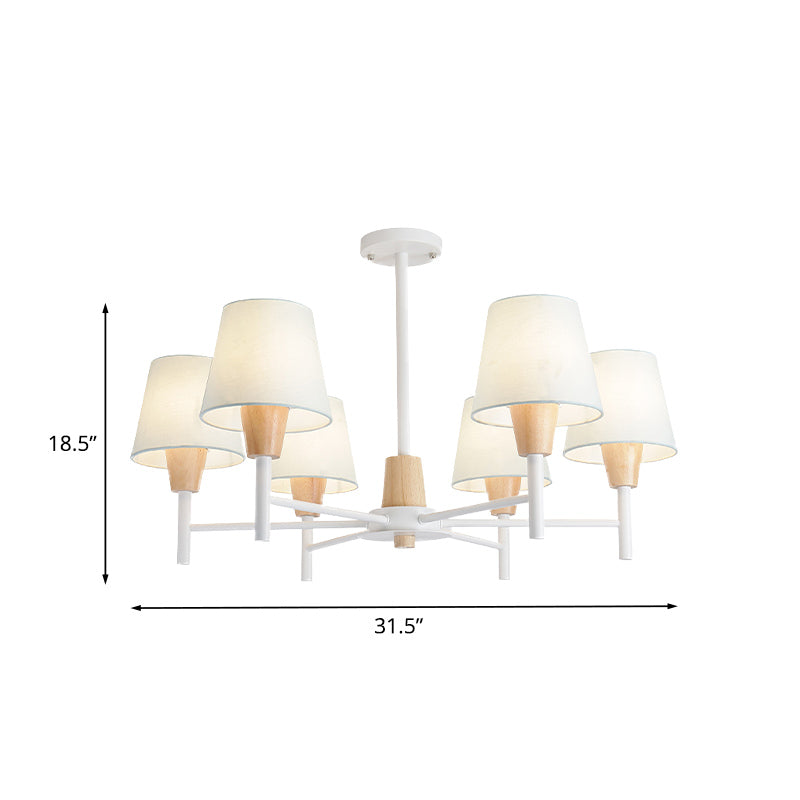 Nordic 6 Lights Semi Flush White-Wood Tapered Ceiling Mount Chandelier with Fabric Lampshade Clearhalo 'Ceiling Lights' 'Close To Ceiling Lights' 'Close to ceiling' 'Semi-flushmount' Lighting' 1459329