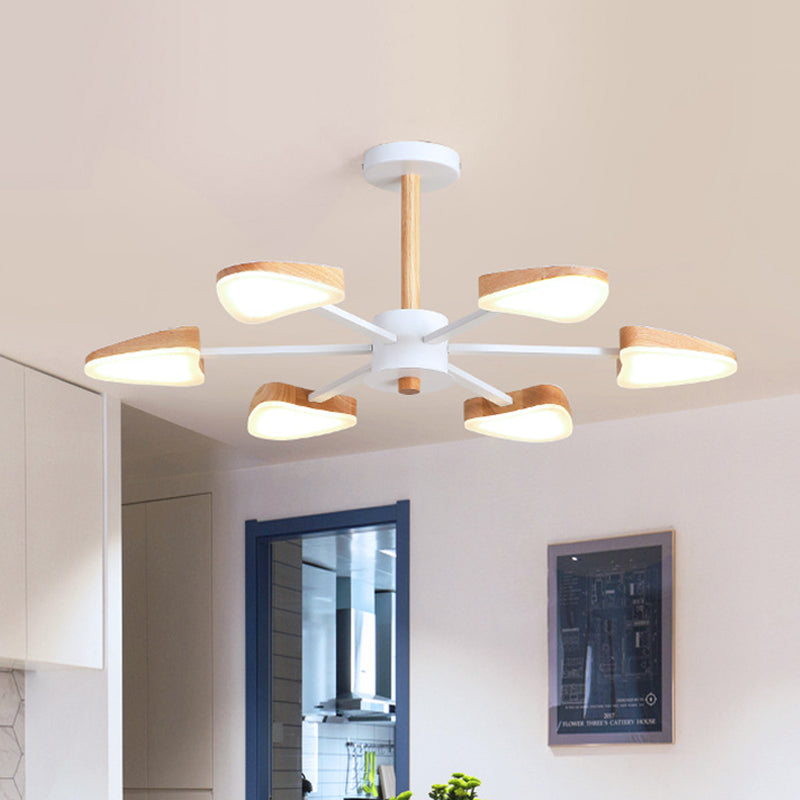 Burst LED Semi Flush Mount Nordic Wood 6 Heads White Ceiling Mount Chandelier with Triangle Shade Clearhalo 'Ceiling Lights' 'Close To Ceiling Lights' 'Close to ceiling' 'Semi-flushmount' Lighting' 1459351