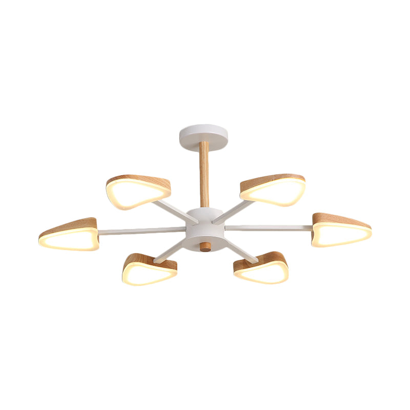 Burst LED Semi Flush Mount Nordic Wood 6 Heads White Ceiling Mount Chandelier with Triangle Shade Clearhalo 'Ceiling Lights' 'Close To Ceiling Lights' 'Close to ceiling' 'Semi-flushmount' Lighting' 1459353