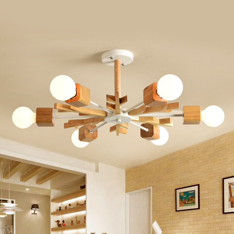 Nordic Starburst Semi Flush Light Wood 3/6 Heads Living Room Ceiling Mount Chandelier with Exposed Bulb Design 6 Wood Clearhalo 'Ceiling Lights' 'Close To Ceiling Lights' 'Close to ceiling' 'Semi-flushmount' Lighting' 1459355