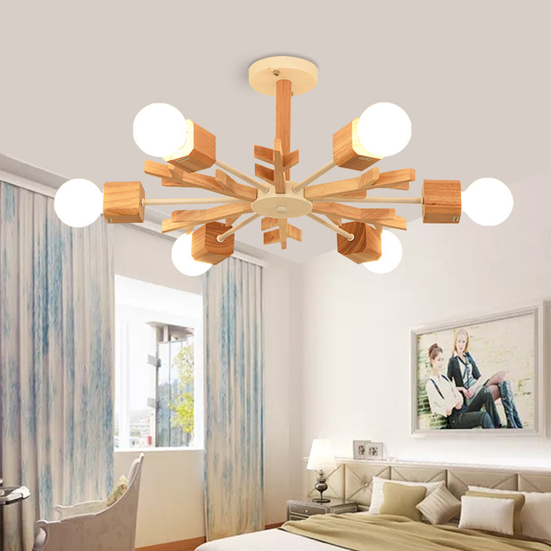 Nordic Starburst Semi Flush Light Wood 3/6 Heads Living Room Ceiling Mount Chandelier with Exposed Bulb Design Clearhalo 'Ceiling Lights' 'Close To Ceiling Lights' 'Close to ceiling' 'Semi-flushmount' Lighting' 1459356