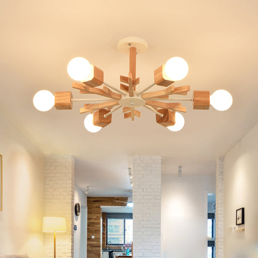 Nordic Starburst Semi Flush Light Wood 3/6 Heads Living Room Ceiling Mount Chandelier with Exposed Bulb Design Clearhalo 'Ceiling Lights' 'Close To Ceiling Lights' 'Close to ceiling' 'Semi-flushmount' Lighting' 1459357