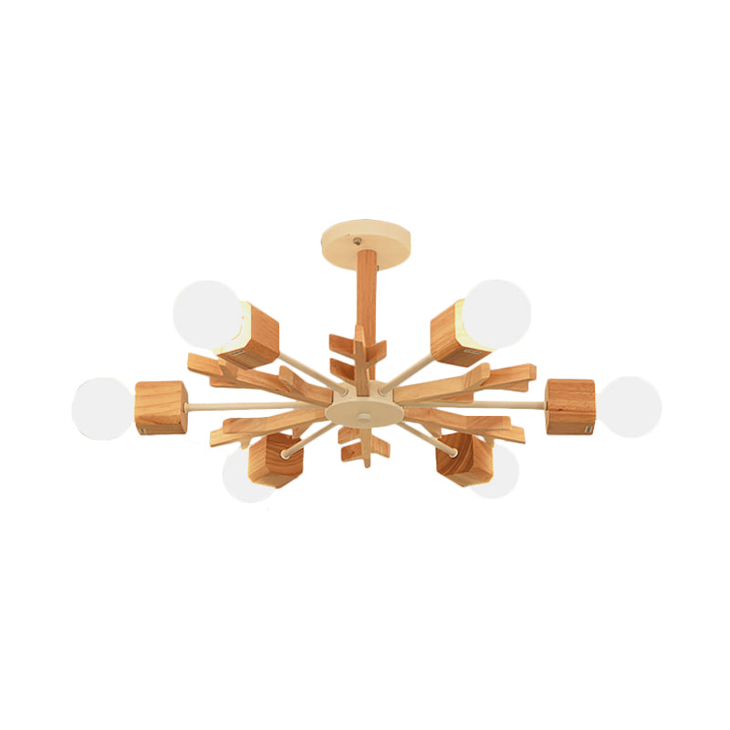 Nordic Starburst Semi Flush Light Wood 3/6 Heads Living Room Ceiling Mount Chandelier with Exposed Bulb Design Clearhalo 'Ceiling Lights' 'Close To Ceiling Lights' 'Close to ceiling' 'Semi-flushmount' Lighting' 1459358