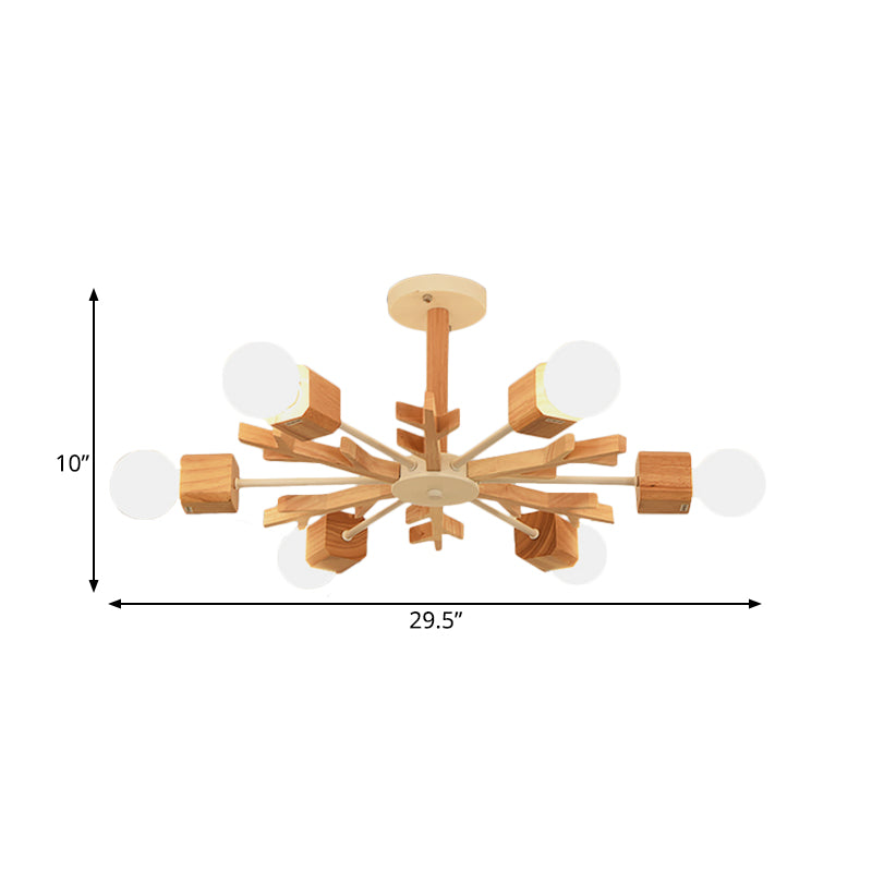 Nordic Starburst Semi Flush Light Wood 3/6 Heads Living Room Ceiling Mount Chandelier with Exposed Bulb Design Clearhalo 'Ceiling Lights' 'Close To Ceiling Lights' 'Close to ceiling' 'Semi-flushmount' Lighting' 1459359