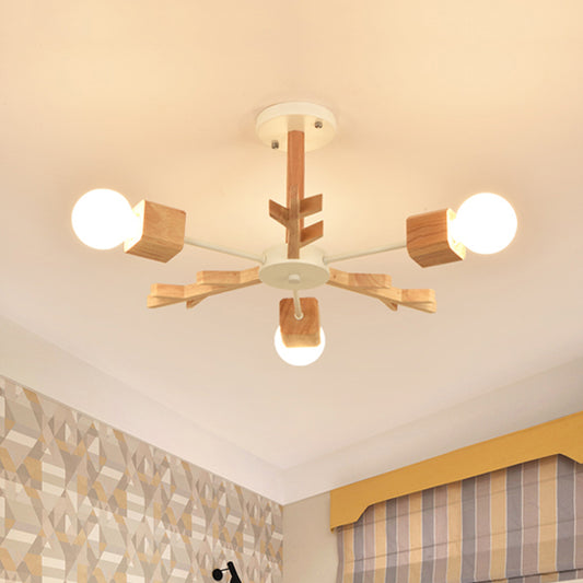 Nordic Starburst Semi Flush Light Wood 3/6 Heads Living Room Ceiling Mount Chandelier with Exposed Bulb Design 3 Wood Clearhalo 'Ceiling Lights' 'Close To Ceiling Lights' 'Close to ceiling' 'Semi-flushmount' Lighting' 1459360