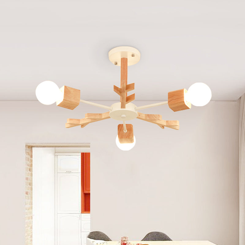 Nordic Starburst Semi Flush Light Wood 3/6 Heads Living Room Ceiling Mount Chandelier with Exposed Bulb Design Clearhalo 'Ceiling Lights' 'Close To Ceiling Lights' 'Close to ceiling' 'Semi-flushmount' Lighting' 1459361