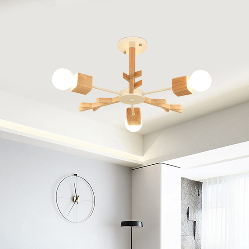 Nordic Starburst Semi Flush Light Wood 3/6 Heads Living Room Ceiling Mount Chandelier with Exposed Bulb Design Clearhalo 'Ceiling Lights' 'Close To Ceiling Lights' 'Close to ceiling' 'Semi-flushmount' Lighting' 1459362