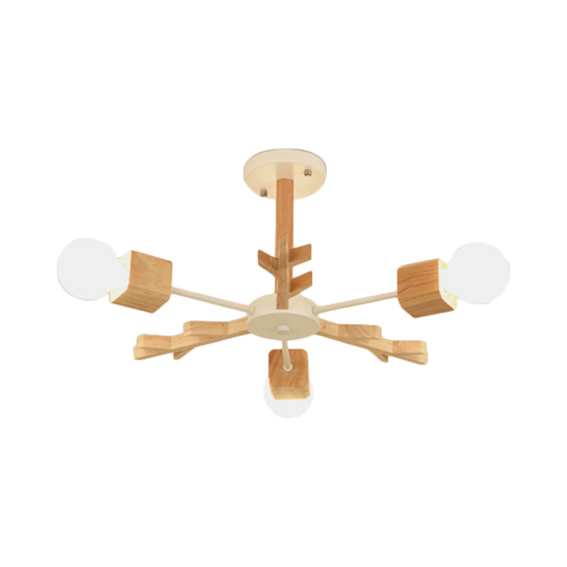 Nordic Starburst Semi Flush Light Wood 3/6 Heads Living Room Ceiling Mount Chandelier with Exposed Bulb Design Clearhalo 'Ceiling Lights' 'Close To Ceiling Lights' 'Close to ceiling' 'Semi-flushmount' Lighting' 1459363