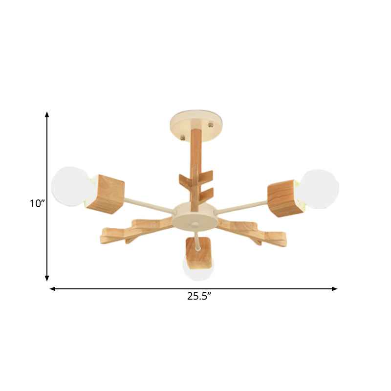 Nordic Starburst Semi Flush Light Wood 3/6 Heads Living Room Ceiling Mount Chandelier with Exposed Bulb Design Clearhalo 'Ceiling Lights' 'Close To Ceiling Lights' 'Close to ceiling' 'Semi-flushmount' Lighting' 1459364