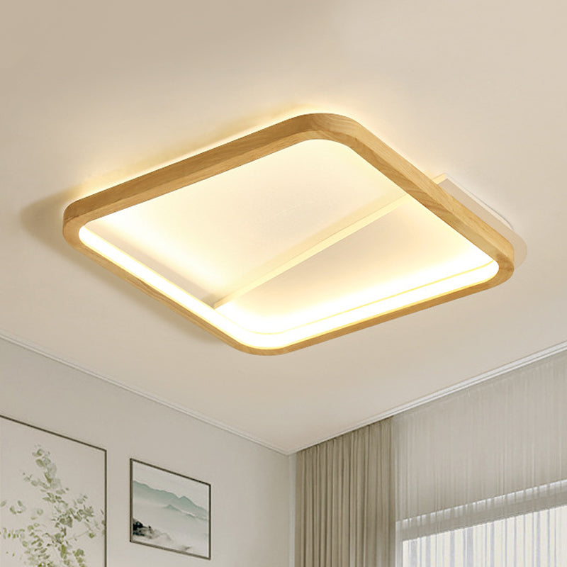 13"/17" Wide Bedroom LED Ceiling Fixture Simple Beige Flush Mount Light with Fillet Square Wood Frame Wood Clearhalo 'Ceiling Lights' 'Close To Ceiling Lights' 'Close to ceiling' 'Flush mount' Lighting' 1459421