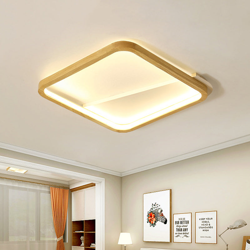 13"/17" Wide Bedroom LED Ceiling Fixture Simple Beige Flush Mount Light with Fillet Square Wood Frame Clearhalo 'Ceiling Lights' 'Close To Ceiling Lights' 'Close to ceiling' 'Flush mount' Lighting' 1459422