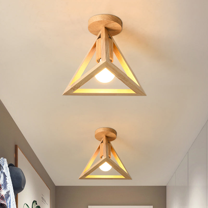 1-Light Foyer Semi Mount Lighting Minimalist Beige Ceiling Flush Light with Pyramid Wood Cage Wood Clearhalo 'Ceiling Lights' 'Close To Ceiling Lights' 'Close to ceiling' 'Semi-flushmount' Lighting' 1459433