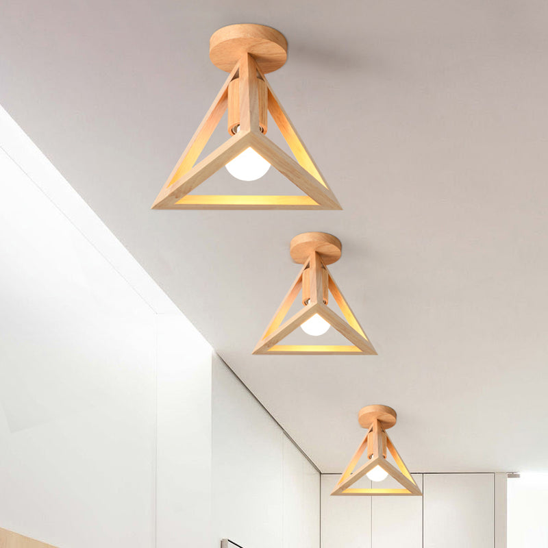 1-Light Foyer Semi Mount Lighting Minimalist Beige Ceiling Flush Light with Pyramid Wood Cage Clearhalo 'Ceiling Lights' 'Close To Ceiling Lights' 'Close to ceiling' 'Semi-flushmount' Lighting' 1459435