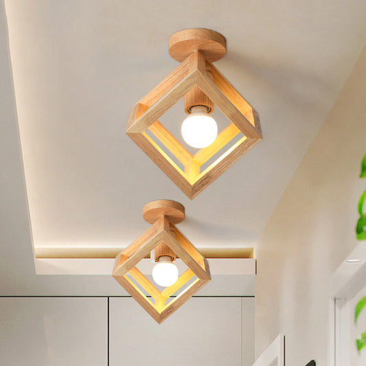 Wood Cube Cage Semi Flush Light Nordic 1 Bulb Beige Ceiling Mounted Lighting Fixture for Corridor Wood Clearhalo 'Ceiling Lights' 'Close To Ceiling Lights' 'Close to ceiling' 'Semi-flushmount' Lighting' 1459438
