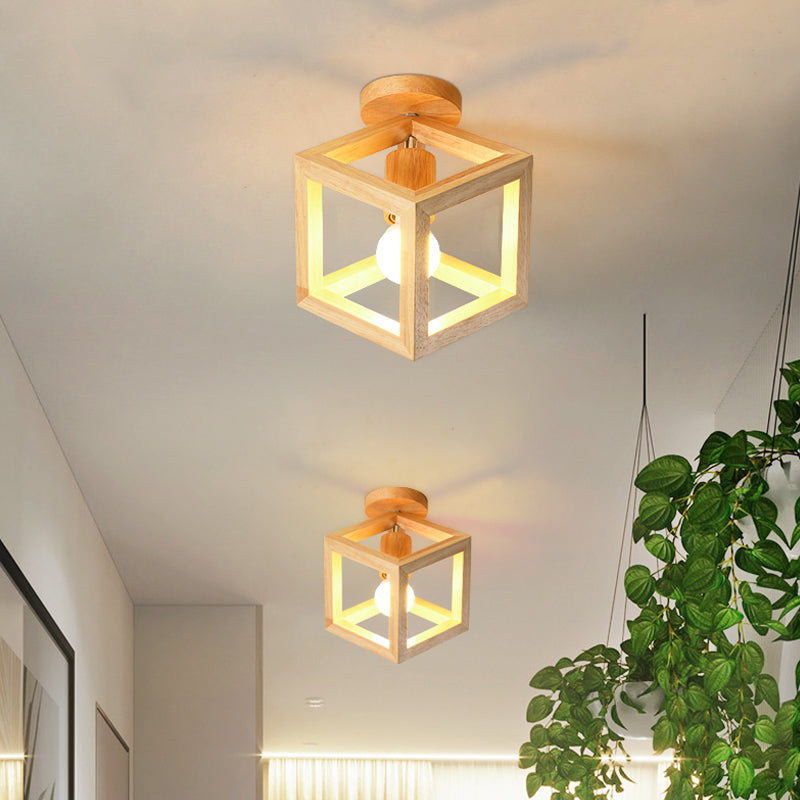 Wood Cube Cage Semi Flush Light Nordic 1 Bulb Beige Ceiling Mounted Lighting Fixture for Corridor Clearhalo 'Ceiling Lights' 'Close To Ceiling Lights' 'Close to ceiling' 'Semi-flushmount' Lighting' 1459439