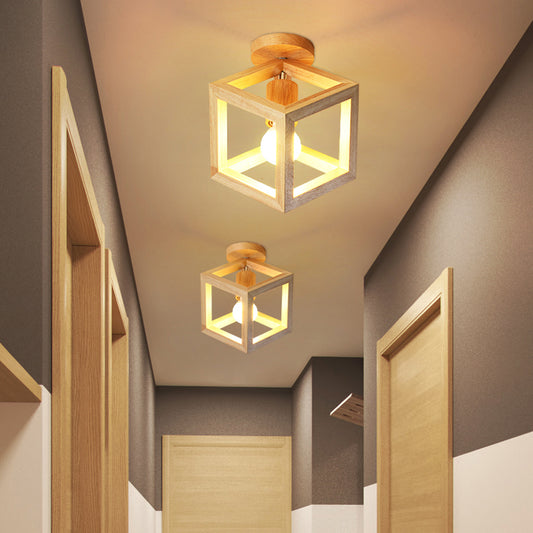 Wood Cube Cage Semi Flush Light Nordic 1 Bulb Beige Ceiling Mounted Lighting Fixture for Corridor Clearhalo 'Ceiling Lights' 'Close To Ceiling Lights' 'Close to ceiling' 'Semi-flushmount' Lighting' 1459440