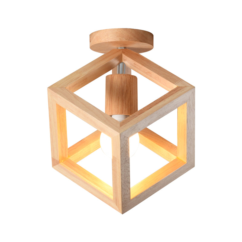 Wood Cube Cage Semi Flush Light Nordic 1 Bulb Beige Ceiling Mounted Lighting Fixture for Corridor Clearhalo 'Ceiling Lights' 'Close To Ceiling Lights' 'Close to ceiling' 'Semi-flushmount' Lighting' 1459441