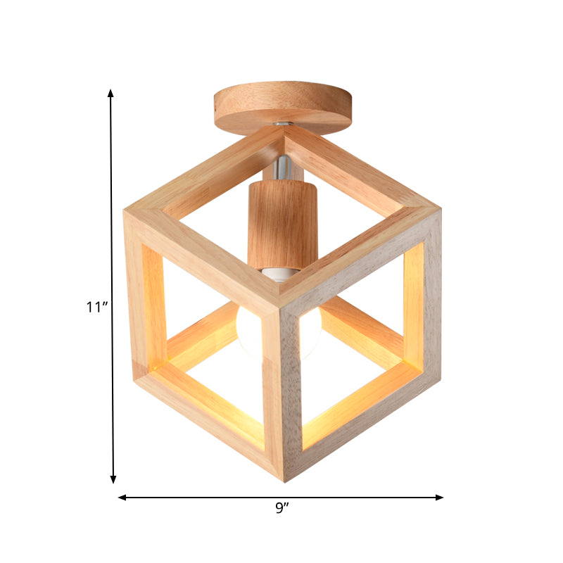 Wood Cube Cage Semi Flush Light Nordic 1 Bulb Beige Ceiling Mounted Lighting Fixture for Corridor Clearhalo 'Ceiling Lights' 'Close To Ceiling Lights' 'Close to ceiling' 'Semi-flushmount' Lighting' 1459442