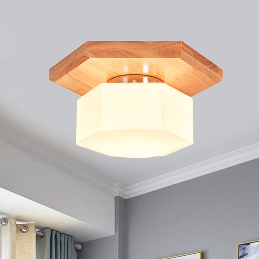 Cream Glass Hexagon Flush Ceiling Light Nordic 1 Light Flushmount Lighting with Wood Canopy Wood Clearhalo 'Ceiling Lights' 'Close To Ceiling Lights' 'Close to ceiling' 'Flush mount' Lighting' 1459463