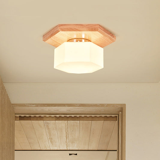 Cream Glass Hexagon Flush Ceiling Light Nordic 1 Light Flushmount Lighting with Wood Canopy Clearhalo 'Ceiling Lights' 'Close To Ceiling Lights' 'Close to ceiling' 'Flush mount' Lighting' 1459464