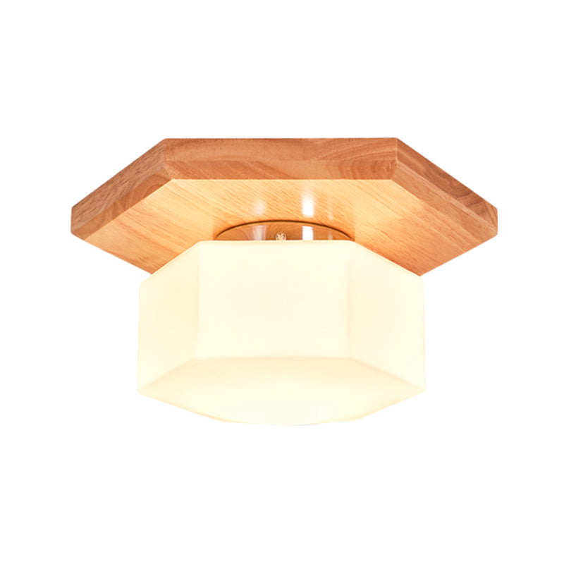 Cream Glass Hexagon Flush Ceiling Light Nordic 1 Light Flushmount Lighting with Wood Canopy Clearhalo 'Ceiling Lights' 'Close To Ceiling Lights' 'Close to ceiling' 'Flush mount' Lighting' 1459465