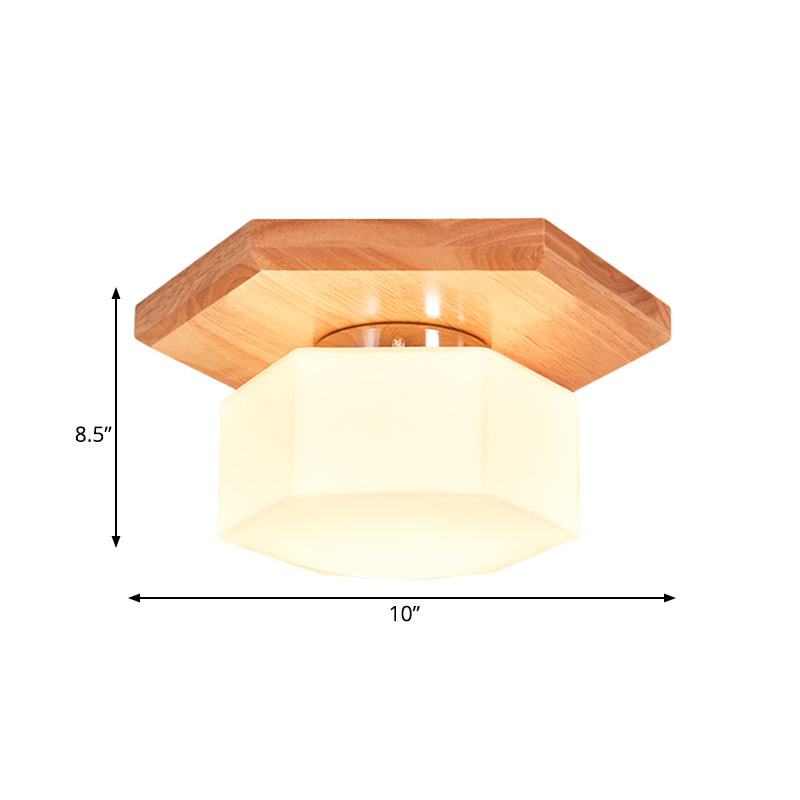 Cream Glass Hexagon Flush Ceiling Light Nordic 1 Light Flushmount Lighting with Wood Canopy Clearhalo 'Ceiling Lights' 'Close To Ceiling Lights' 'Close to ceiling' 'Flush mount' Lighting' 1459467