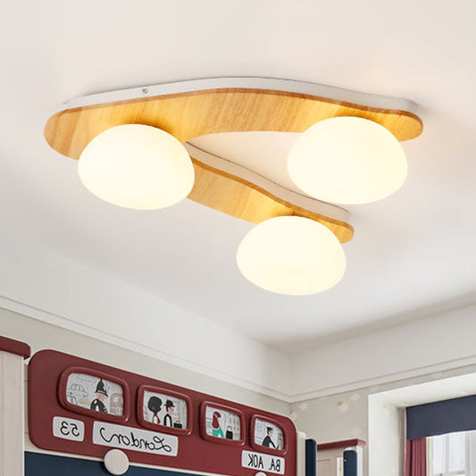 Modern 3-Light Ceiling Lighting Wood Beige Tree Fork Flush Mount Light with Ball White Glass Shade Wood Clearhalo 'Ceiling Lights' 'Close To Ceiling Lights' 'Close to ceiling' 'Flush mount' Lighting' 1459468