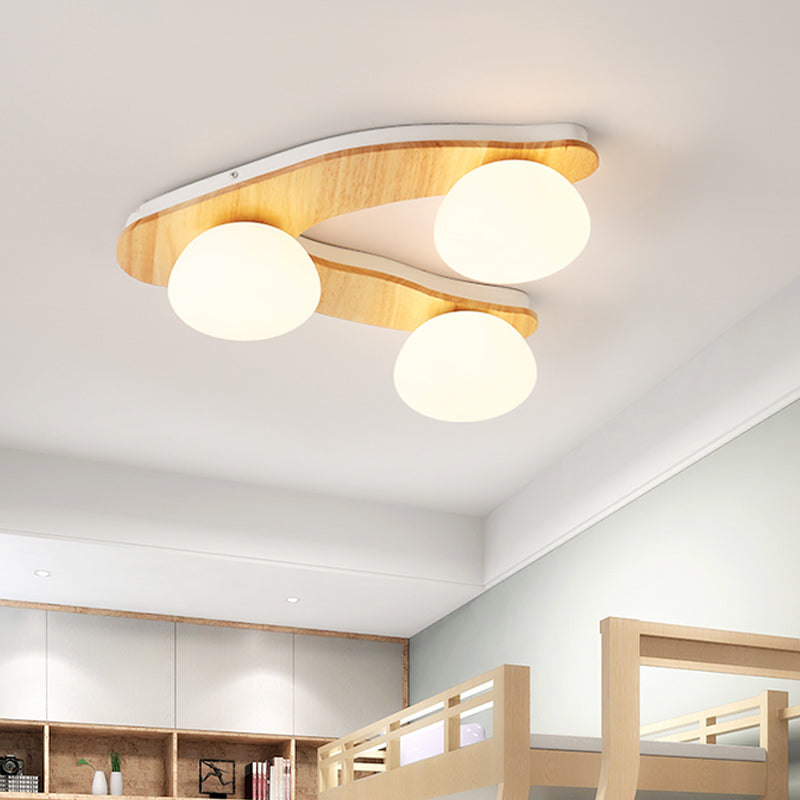 Modern 3-Light Ceiling Lighting Wood Beige Tree Fork Flush Mount Light with Ball White Glass Shade Clearhalo 'Ceiling Lights' 'Close To Ceiling Lights' 'Close to ceiling' 'Flush mount' Lighting' 1459469