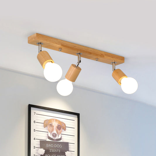 Linear Rotatable Flushmount Ceiling Lamp Asian Wood 3 Heads Bathroom Flush Light Fixture with Bare Bulb Design Wood Clearhalo 'Ceiling Lights' 'Close To Ceiling Lights' 'Close to ceiling' 'Flush mount' Lighting' 1459473