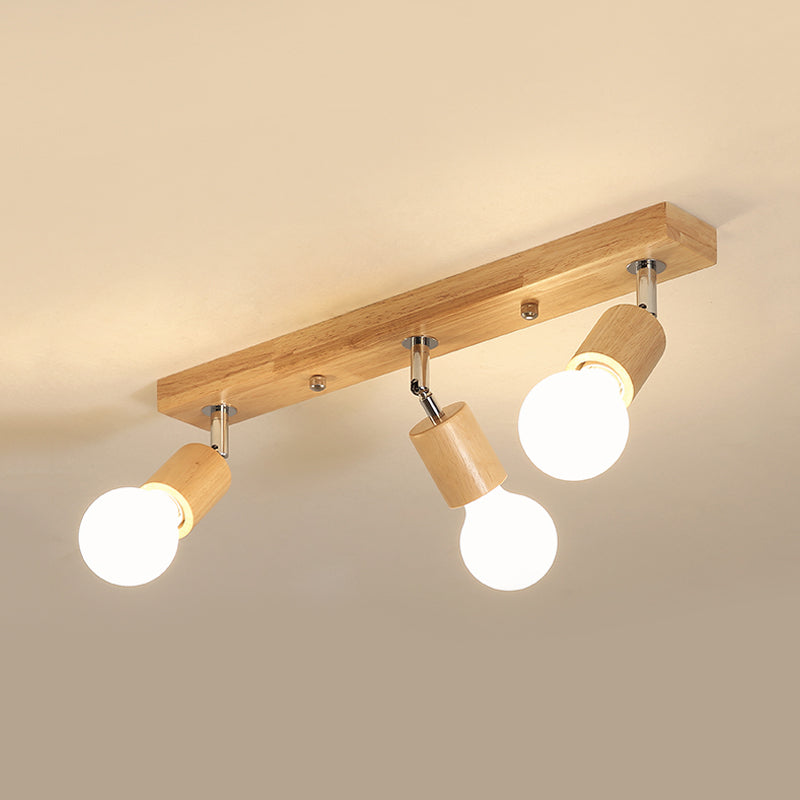 Linear Rotatable Flushmount Ceiling Lamp Asian Wood 3 Heads Bathroom Flush Light Fixture with Bare Bulb Design Clearhalo 'Ceiling Lights' 'Close To Ceiling Lights' 'Close to ceiling' 'Flush mount' Lighting' 1459476