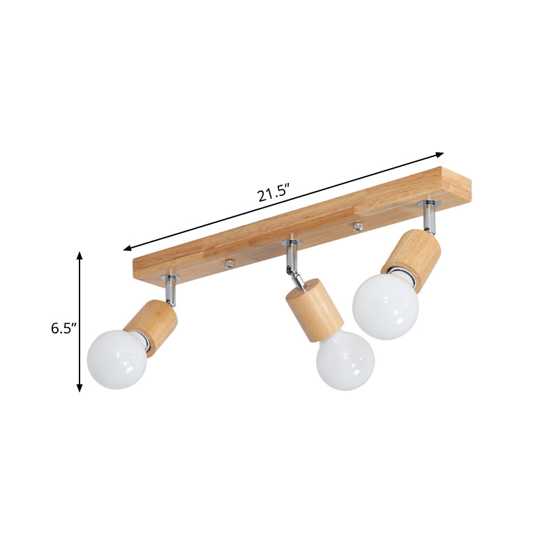 Linear Rotatable Flushmount Ceiling Lamp Asian Wood 3 Heads Bathroom Flush Light Fixture with Bare Bulb Design Clearhalo 'Ceiling Lights' 'Close To Ceiling Lights' 'Close to ceiling' 'Flush mount' Lighting' 1459477