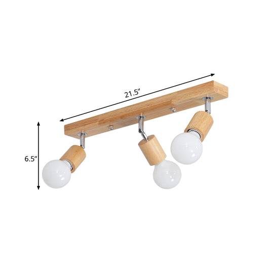 Linear Rotatable Flushmount Ceiling Lamp Asian Wood 3 Heads Bathroom Flush Light Fixture with Bare Bulb Design Clearhalo 'Ceiling Lights' 'Close To Ceiling Lights' 'Close to ceiling' 'Flush mount' Lighting' 1459477