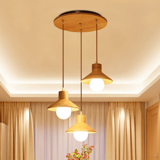 Beige Flare Multiple Hanging Light Nordic 3 Bulbs Natural Wood Ceiling Pendant over Dining Table Wood Clearhalo 'Ceiling Lights' 'Modern Pendants' 'Modern' 'Pendant Lights' 'Pendants' Lighting' 1459548