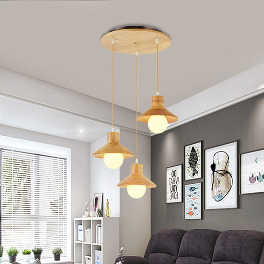 Beige Flare Multiple Hanging Light Nordic 3 Bulbs Natural Wood Ceiling Pendant over Dining Table Clearhalo 'Ceiling Lights' 'Modern Pendants' 'Modern' 'Pendant Lights' 'Pendants' Lighting' 1459549