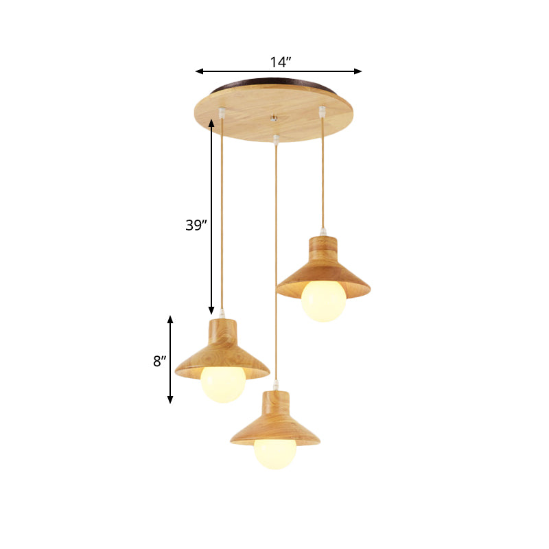 Beige Flare Multiple Hanging Light Nordic 3 Bulbs Natural Wood Ceiling Pendant over Dining Table Clearhalo 'Ceiling Lights' 'Modern Pendants' 'Modern' 'Pendant Lights' 'Pendants' Lighting' 1459552